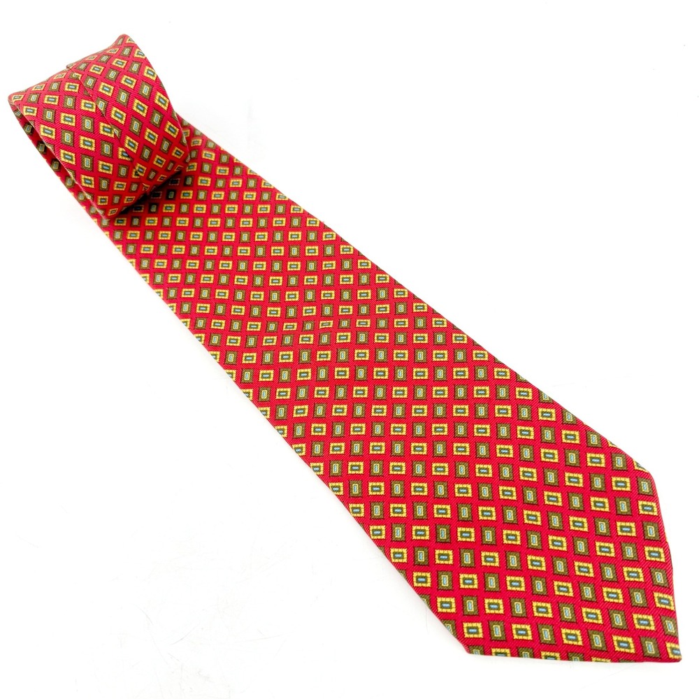 Brooks Brothers Silk Tie Men Red Geometric Medallion Made in USA Italy